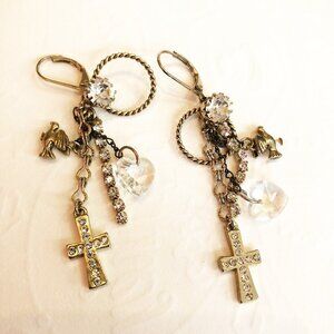 Vtg Signed Betsey Johnson Goth Gold Crystal Heart Crucifix Cross Bird  Earrings